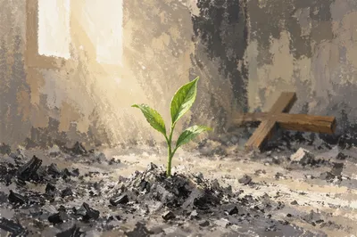 Green Shoot Rising Through Prayer Room Ashes