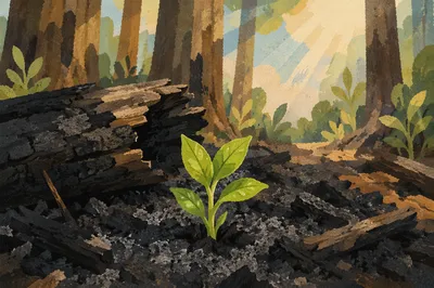 Green Shoot Rising From Charcoal Ash