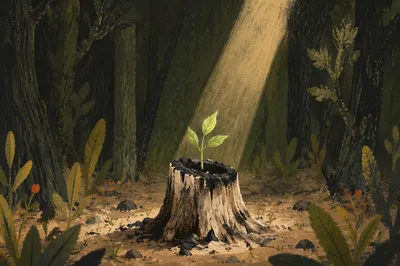Green Shoot Rising From Charred Stump