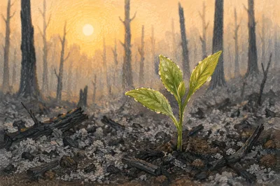 Green Shoot Rising from Ashes at Dawn