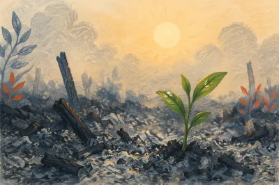 Green Shoot Rising From Ashes at Dawn