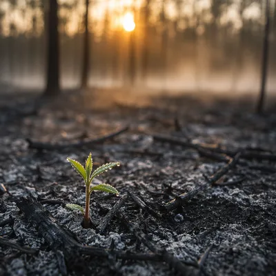 Green Shoot Rising Through Dawn Ashes