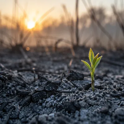 Fresh Green Shoot Rising From Ashes