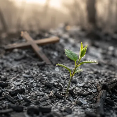 Green Shoot Rising Through Ashes