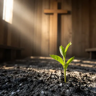 Green Shoot Rising Through Chapel Ashes
