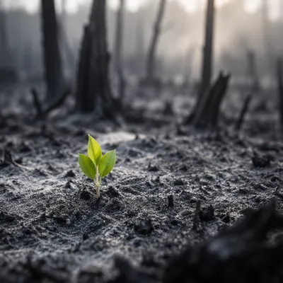 Green Shoot Emerging from Gray Ashes