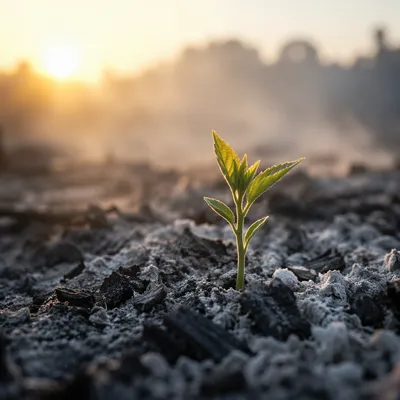 Green Shoot Emerging from Gray Ashes