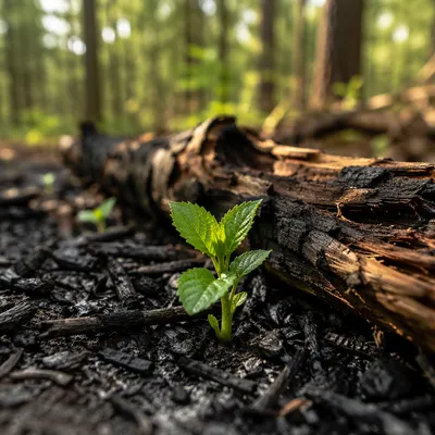 Green Shoot Rising From Charcoal Ashes