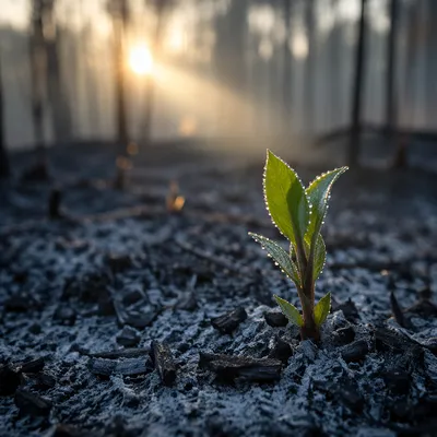 Green Shoot Rising From Ashes at Dawn