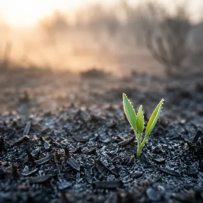 Green Shoot Rising Through Ashes at Dawn
