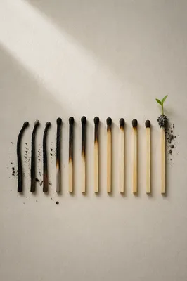 Green Shoot Rising from Charred Matchsticks
