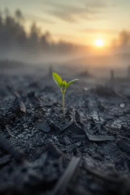 Green Shoot Emerging from Gray Ashes