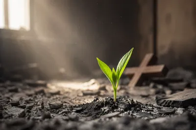 Green Shoot Rising from Prayer Room Ashes