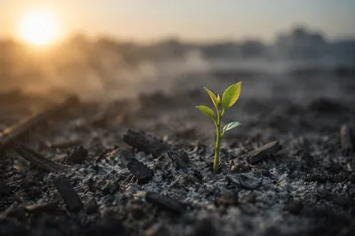 Green Shoot Emerging from Gray Ashes