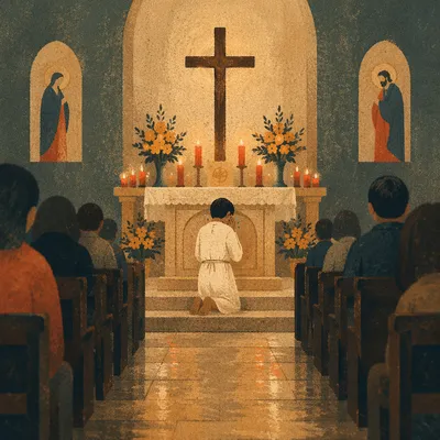 Kneeling Figure Before Church Altar Cross