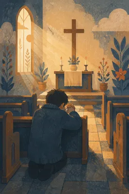 Kneeling in Repentance Before Church Cross