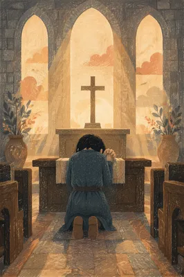 Kneeling in Repentance Before the Cross