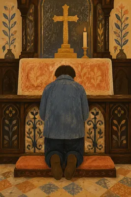 Kneeling in Repentance Before Church Altar