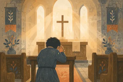 Kneeling in Repentance Before the Cross