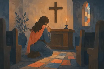 Kneeling in Repentance Before Church Cross