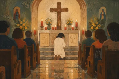 Kneeling Figure Before Church Altar