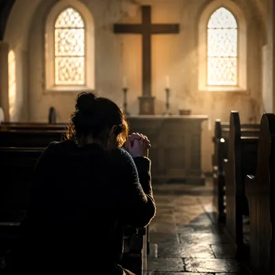 Kneeling in Repentance Before Church Cross
