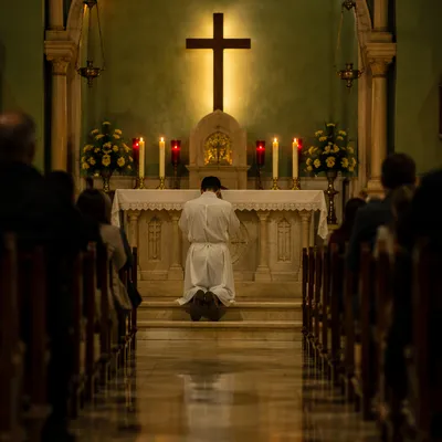 Kneeling in Repentance Before Church Altar
