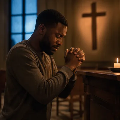 Man Kneeling at Church Altar