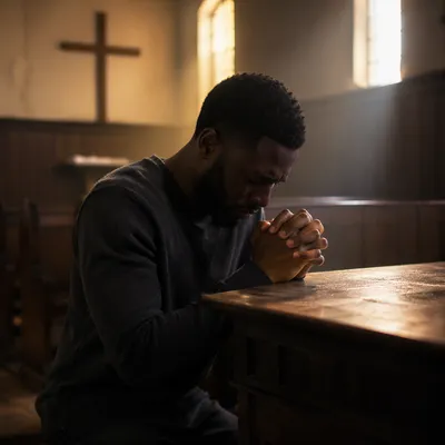 Man Kneeling in Church at Dawn