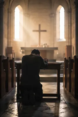 Kneeling in Repentance Before Church Cross
