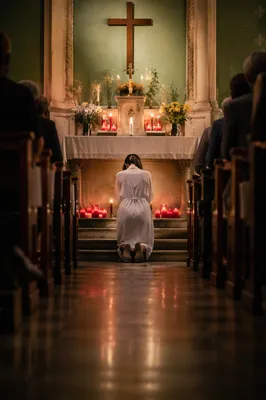Kneeling Figure Before Church Altar Cross