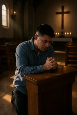 Man Kneeling at Wooden Altar