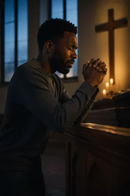 Young Man Kneeling at Wooden Altar