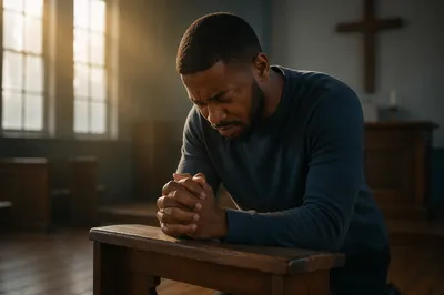 Young Man Kneeling at Church Altar