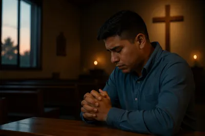 Man Kneeling at Wooden Church Altar