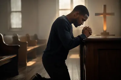 Man Kneeling at Church Altar Dawn