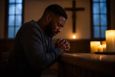 Man Kneeling at Wooden Altar