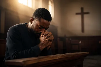 Man Kneeling in Church at Dawn