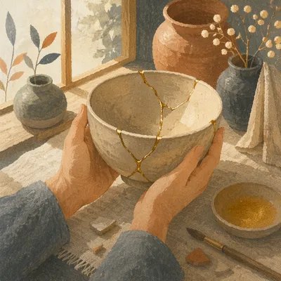 Kintsugi Bowl Held in Healing Hands