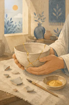 Hands Holding Restored Kintsugi Pottery Bowl