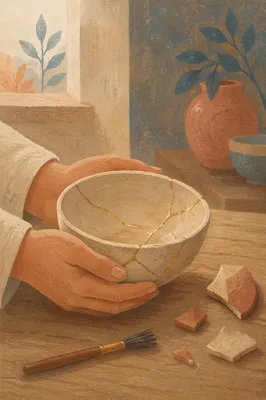 Restored Kintsugi Bowl Held in Gentle Hands