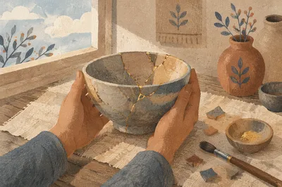 Hands Holding Restored Kintsugi Pottery Bowl