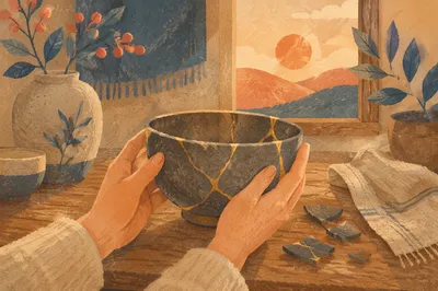 Restored Kintsugi Bowl Held in Gentle Hands