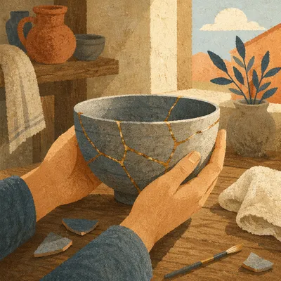 Golden Restored Pottery Held in Gentle Hands
