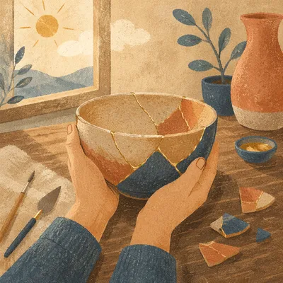 Healing Hands Holding Restored Golden Pottery
