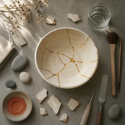 Golden Restored Pottery with Hopeful Stillness