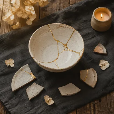Golden Restored Pottery with Candle and Petals