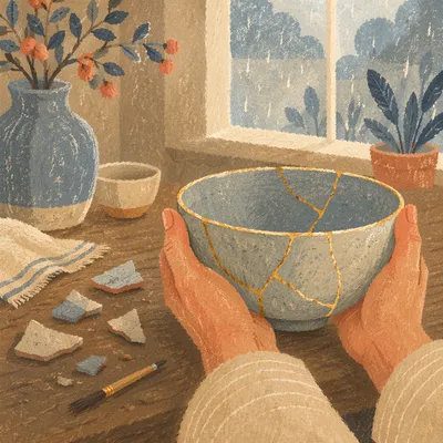 Golden Repaired Pottery Held in Gentle Hands