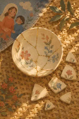 Kintsugi Pottery Restoration in Golden Light