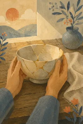 Hands Holding Restored Golden Ceramic Bowl
